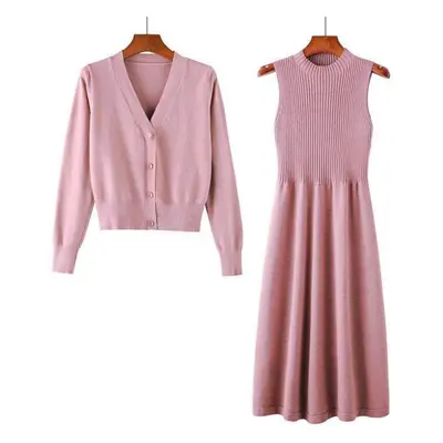 (pink, 2XL) Autumn Cardigan Dress Two-piece Elegant Temperament Suit Mid-length Style Waist Slim