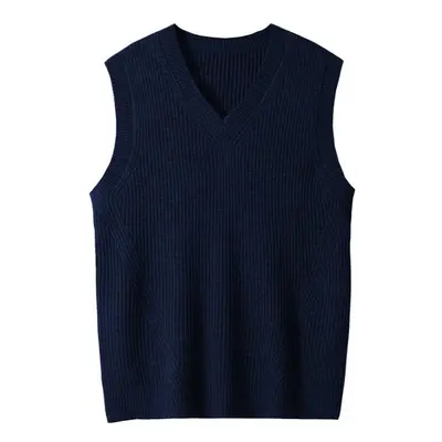 (dark blue, M) Men&apos;s V-neck Knitted Sweater Vest Plain Sleeveless Pullover Knitwear Loose F