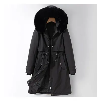 (black, M) Autumn And Winter Women&apos;s Solid Color Hooded Waist Mid-length Detachable Liner T