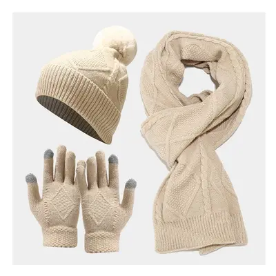 (beige) Women Thick Knit Hat Scarf Gloves Set Winter NEW