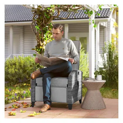 Outsunny Outdoor Recliner Chair w/ Cushion Rattan Reclining Lounge Chair, Grey