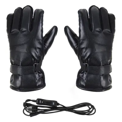 USB Electric Heated Gloves Leather Waterproof Thermal Winter Warmer MTB Motorcycle Black