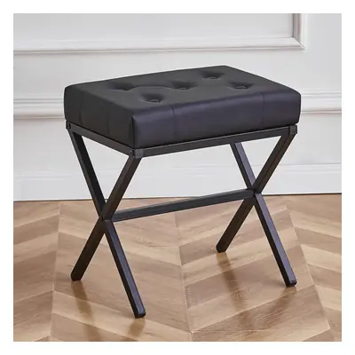 Black Faux Leather Modern Tufted Ottoman Foot Stool with Metal X-Leg