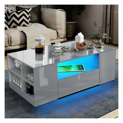 (Grey High Gloss Led Coffee Table) LED Coffee Table Wooden Drawer Storage High Gloss Modern Livi