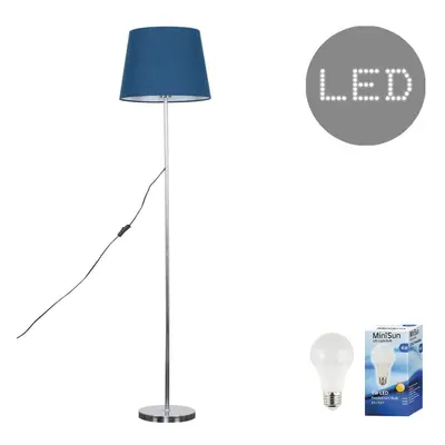 Modern Standard Floor Lamp in a Polished Chrome Metal Finish with a Navy Blue Tapered Shade - Co