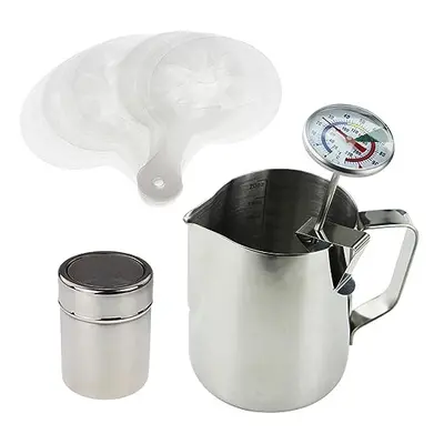 Barista Kit Includes Milk Thermometer, 600ml Milk Jug, Cocoa Shaker and pc Stencil Set - Ideal f