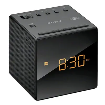 Sony FM/AM Modern Small Cube Clock Radio with Alarm and Snooze - Black, ICF-C1