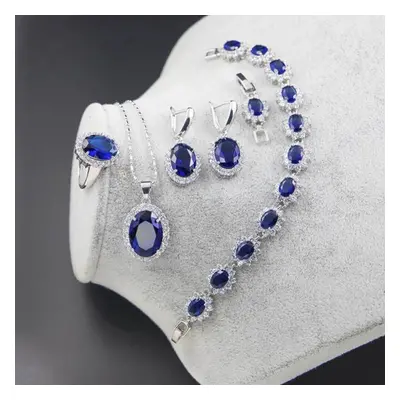 (blue, 9) Ring Earrings Necklace Bracelet Silver Jewelry Set Oval Shape Zircon Gemstone Accessor