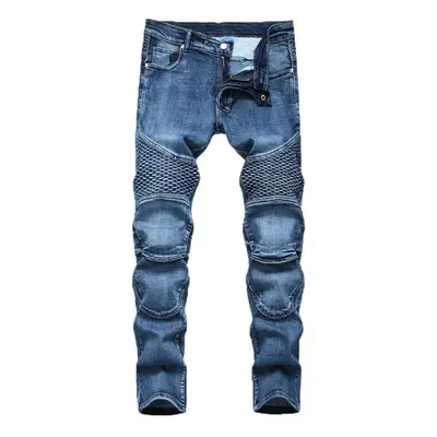 (blue, L) Fashion Men&apos;s Casual Stretchy Pleated Jeans Slim Fit Denim Pants