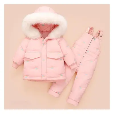 (pink, 100cm) Thickened Children&apos;s Down Jacket Set With Two-piece Suspenders And Fur Collar