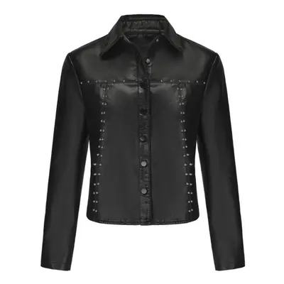 (black, 2XL) Women's Rivet Jackets Faux Leather Lapel Button Up Long Sleeves Jacket Punk Rock St