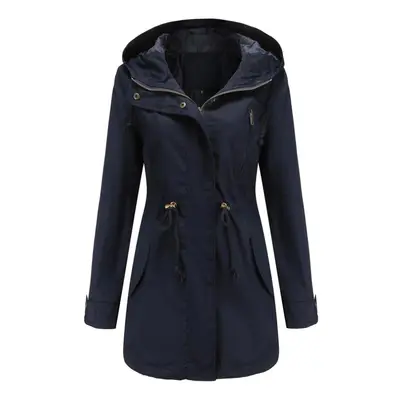 (navy blue, XL) Women's Trench Coat Cotton Solid Color Hooded Zipper Windproof Long Jacket Draws