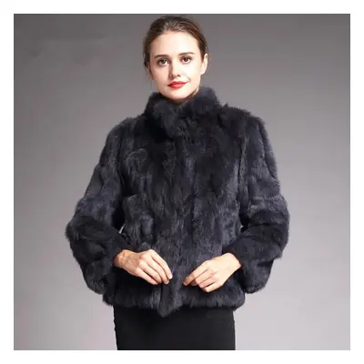 (dark grey, 5XL) Natural Real Rabbit Fur Coat Woman Winter Fashion Stand Collar Plus Size Luxury