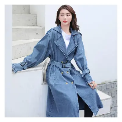 (blue, M) Women&apos;s Spring And Autumn Large Size Loose Mid-length Double-breasted Denim Windb