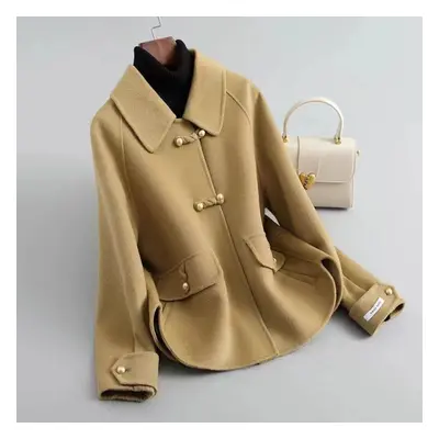 (camel, XL) Short Double-sided Plush Woolen Coat, Loose Fit And Trendy Jacket For Petite Women I