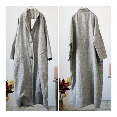 (light gray, One Size) Johnature Women Vintage Linen Trench Solid Color Trun-down Collar Long Sl