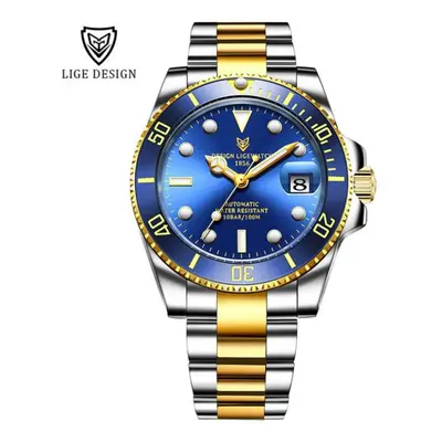 (gold,blue) Lige New Watch Men Automatic Mechanical Tourbillon Clock Fashion Sport Diving Watch 