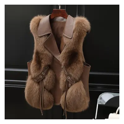 (coffee, L) Stay Warm And Fashionable With Women&apos;s Short Faux Fur Vest Jacket