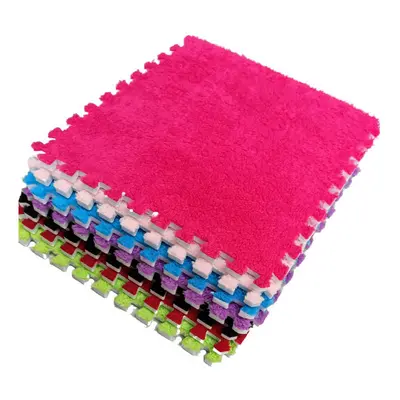 (Bright Pink) 10pcs EVA Foam Soft & Shaggy Floor Mats Interlocking Rug Tiles - Puzzle Mat