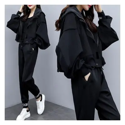 (black, XXXL) Fivefive Women&apos;s Tracksuit Korean Elegant Hoodie Zipper Jacket Coat Sport Pan