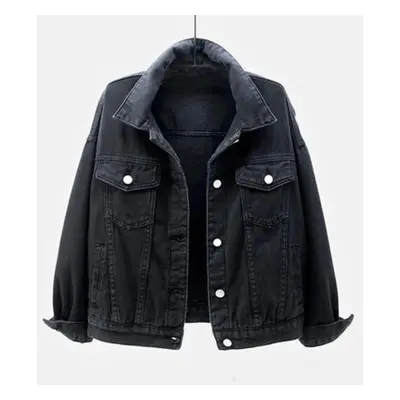 (black, M) Spring New Color Denim Jacket Women&apos;s Short Korean Loose Long Sleeve Jacket Stud