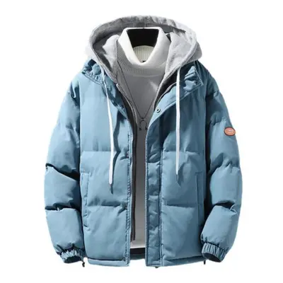 (blue, M) Men Autumn Winter Hooded Long Sleeve Coat Fake Two Pieces Pockets Zipper Placket Jacke