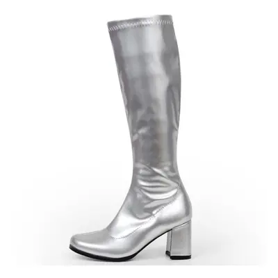 (silver, 38) Woman Gogo Boots Square Heel Knee-high Classic Square Toe Boots Pu Leather Zip Boot