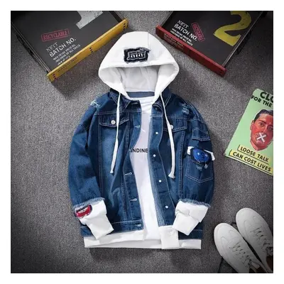 (dark blue, XL) Men Denim Jacket Streetwear Hip Hop Men&apos;s Hooded Jean Jackets Male Casual L