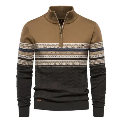 (khaki, M) Autumn And Winter Trend Stand Collar Men&apos;s Retro Casual Warm Sweater Semi-zipper