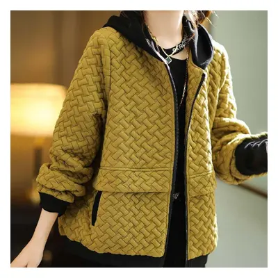 (yellow, XL) Women Cotton Jacket Spring Autumn With Hood Loose Casual Sports Sweater Thin Warm S