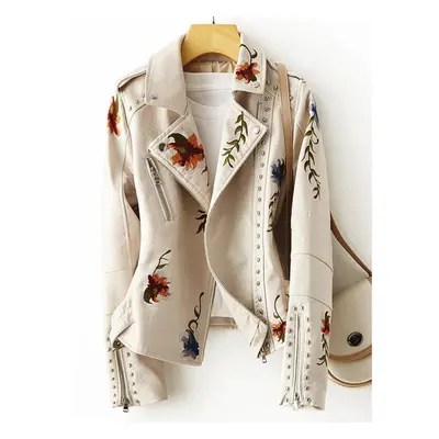 (beige, XL) New Women Retro Floral Print Embroidery Faux Soft Leather Jacket Coat Turndown Colla