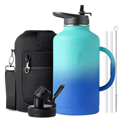 (2000 ml, Blue) Steel Water Bottle Large Metal Bottle with Handle Wide Mouth Double Wall Sports 