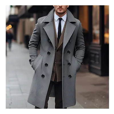 (Dark Gray, XL) Fall Winter Men Woolen Coat Double Breasted Long