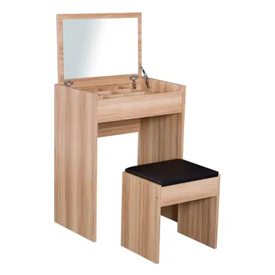 HOMCOM Dressing Table Set Cushioned Stool Flip-up Mirror Chipboard - Wood Grain