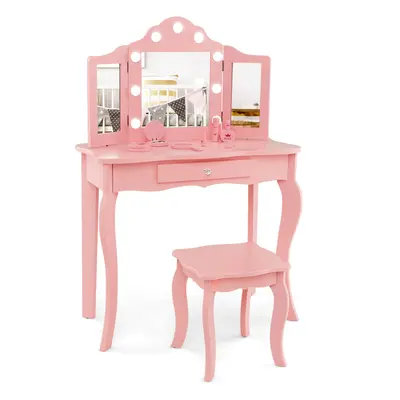 Kids Vanity Table & Stool Set 2-in-1 w/ Glass Tri-Folding Mirror Pink