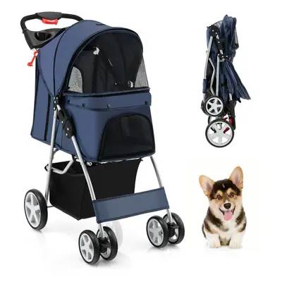 4-Wheel Pet Stroller Folding Dog Cat Walk Travel Pushchair with Basket