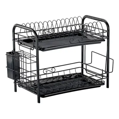 (Black Tiers With cup rack) 2/3 Tiers Dish Drainer Holder Metal Drying Rack Basket Bowl Dish Dra