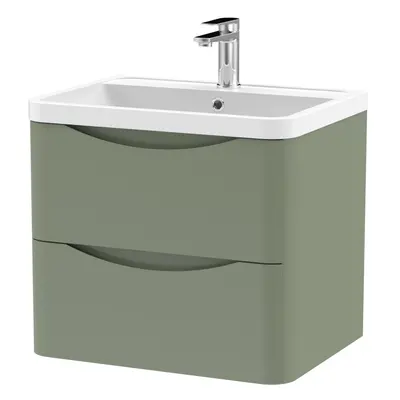 Wall Hung Drawer Vanity Basin Unit with Polymarble Basin, 600mm - Satin Green