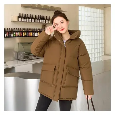 (brown, L) Autumn Winter Thicken Warm Parka Women Casual Sweety Solid Color Big Pocket Loose Sho