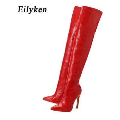 (red, 38) Eilyken Sexy Patent Leather Over The Knee Boots Fashion Pointed Toe Zip Women Nightclu