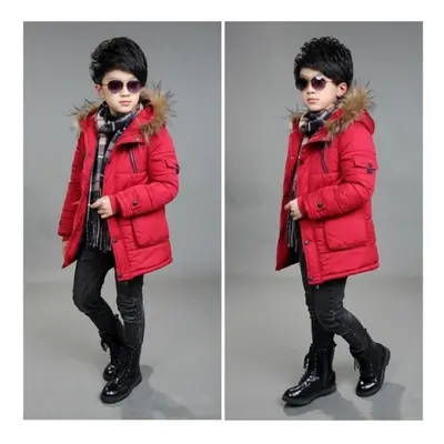 (red, 150CM) Boy Child Coats Kids Down Jacket Winter Warm Fur Collar Hooded Coat Thicken Padded 