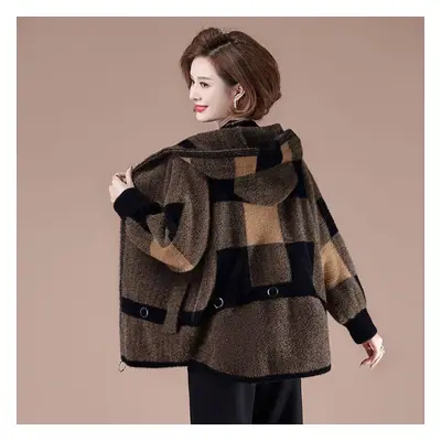 (khaki, S) Autumn Mink Fleece Jacket Women&apos;s Middle-aged Short Winter Thick Hooded Loose La