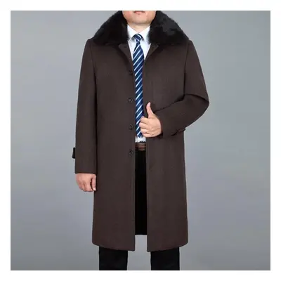 (coffee, 2XL) Men Wool Long Coat Winter Cashmere Overcoat Real Rabbit Fur Thick Warm Winter Mens