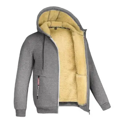 (light grey, L) Lamb Velvet Autumn And Winter Sweater Men&apos;s Hooded Solid Color Jacket Plus 