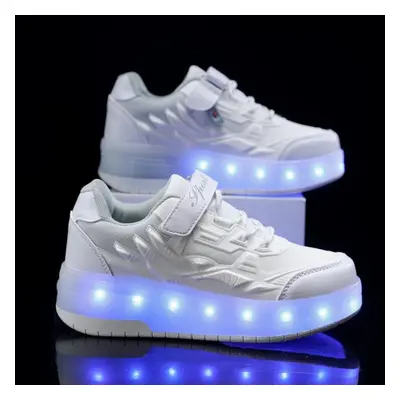 (white, 37) Tuinanle Two Wheels Roller Skate Shoes Women Men Buckle Led Light Luminous Sneakers 