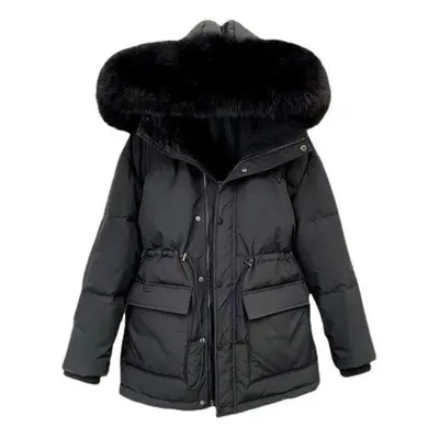 (black, XXXL) New Winter Women Fur Collar Parkas Jackets Fashion Hooded Thicken Warm Padded Coat