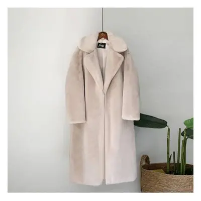 (beige, XXL) Women Winter Warm Faux Fur Coat Thick Women Long Coat Turn Down Collar Women Warm C