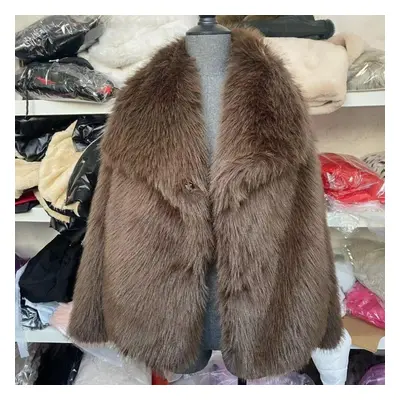 (coffee, L) Women&apos;s Fall Winter Faux Fox Fur Jacket Fashionable Turn-down Collar Coat Luxur