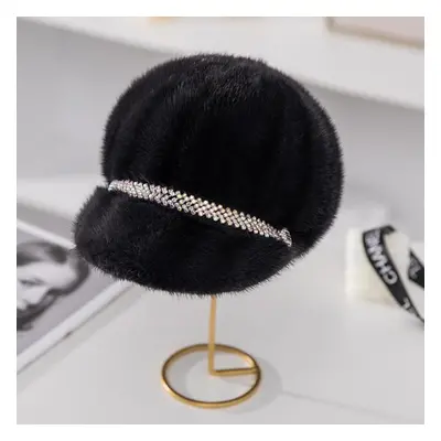 (dark gray, head 55-59cm) Mink Hat Female Winter Mink Fur Beret Cap Fashion Fur Mink Warm Hat