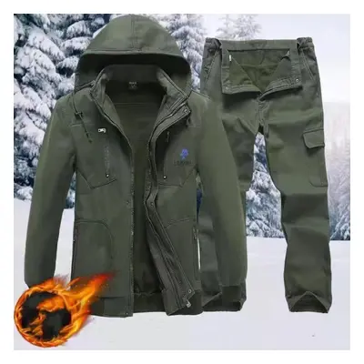 (green, XXXXL) Men&apos;s Winter Outdoor Hooded Fleece Thickening Suit Hooded Top+pants 2-piece 